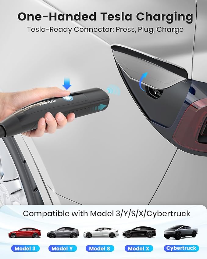 Level 2 EV Charger for Tesla Models, 24Amp 240V NEMA 14-30 Plug, 25FT Cable with Remote-Open Charge Port, 6-24A Adjustable EV Charging Station for Home/Garage Use, IP66 Waterproof