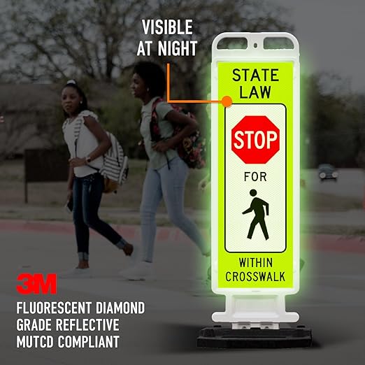 State Law Stop for Pedestrian Within Crosswalk MUTCD R1-6a Sign, Double Sided 3M Engineer Grade Reflective, Portable Rubber Base, Impact Resistant Plastic Frame