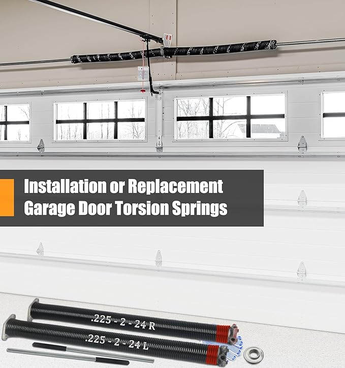 Garage Door Torsion Spring Set, Pair of 2" Electrophoresis Coated Garage Door Spring Replacement with 2 Non-Slip Winding Bars and Bearing, Minimum 16000 Cycles (.225x2x24")