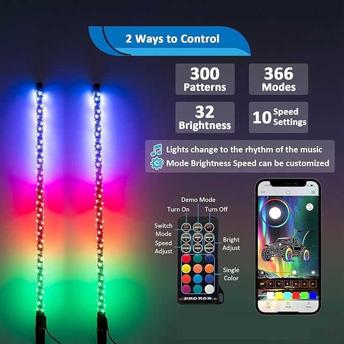 Wsays 2pcs 4ft RGB Led Whip Light with Spring Base Chasing Light with Flags and Controller Lighted Whips Fit for UTV, ATV, SUV, Car, Golf Cart, Truck, and Boat