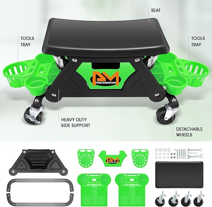 PM PERFORMOTOR Mechanic Stool - 25-1/2" x 13" x 12" (L x H x W), Rolling Work Seat w/Lockable Swivel Wheels and Storage Tool Tray, Green,PM-TOL-CRS-GR