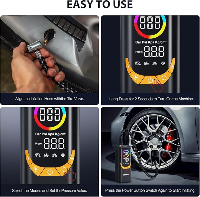 NEXPOW NP17 Portable Air Compressor, 150 PSI Digital Tire Inflator, Fast Inflation with Auto Shut-Off, LED Light, Multiple Nozzles for Car, Bike, and Ball, Compact Design, Yellow