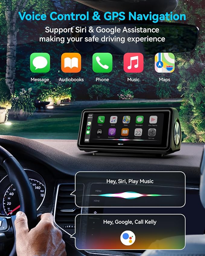 Portable Apple Carplay Screen for Car, Touch Screen with Wireless Android Auto, Car Audio Receivers with Voice Control, Mirror Link, Music Play, GPS Navigation, Built-in Customized Speakers (Black)