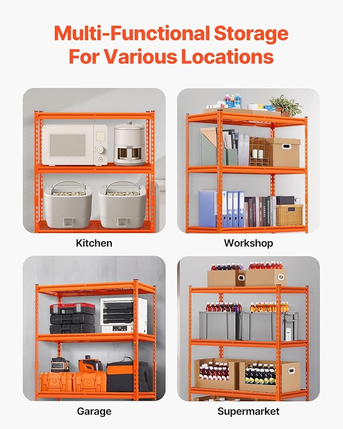 VEVOR Storage Shelves, 2400 lbs, 4 Tier Heavy Duty Garage Shelving, 20" D x 40" W x 60" H Adjustable Metal Shelves for Industrial Shelving Unit Utility Shelf, for Kitchen, Warehouse, Basement, Orange