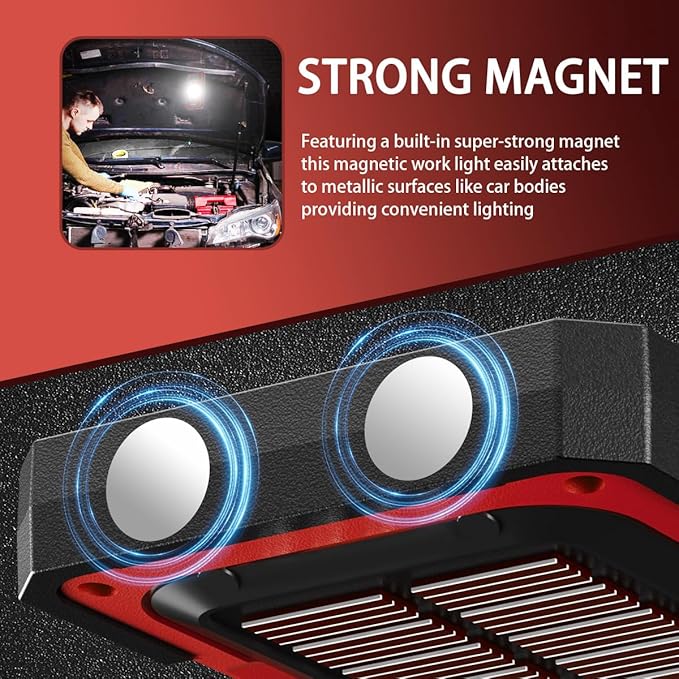 WARSUN Rechargeable Portable Magnetic Work Light, LED Flood Light Waterproof for Outdoor Camping Hiking Emergency Car Repairing (USB + Solar Charging, Red)