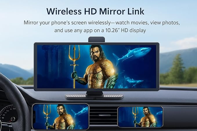Portable Apple CarPlay & Android Auto – 10.26" Wireless Car Stereo, 4K Dash Cam, 1080P Backup Camera, Voice Control, GPS Navigation, Bluetooth, Mirror Link, Portable Touchscreen Display