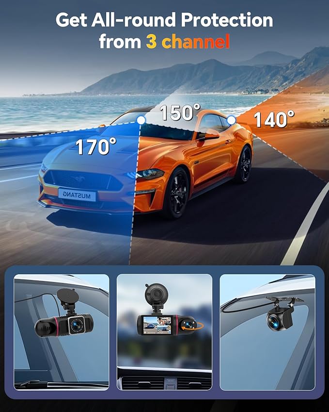 Dash Cam Front and Rear Inside, 1080P 3 Channel Dash Camera for Cars with 64GB Card, Super Night Vision Dashcam, Car Camera with Loop Recording, G-Sensor, WDR, 24H Parking Monitor
