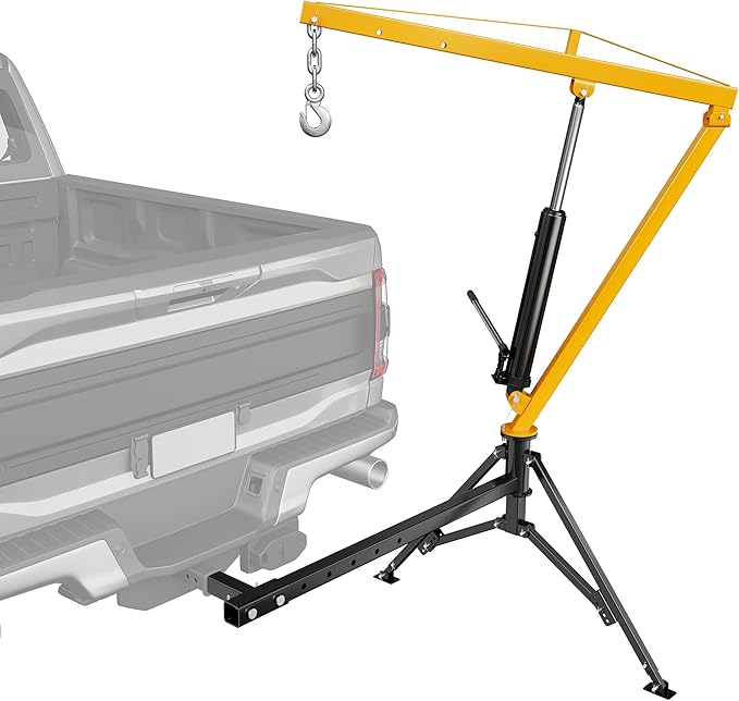 1000lbs Receiver Hitch Mounted Hydraulic 360° Swivel Truck Crane with 3 Boom Capacity Options: 500lbs, 750lbs, 1000lbs. Ideal for Workshops, Construction, Agriculture, and Logging
