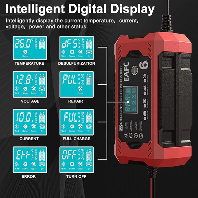 6-Amp Battery Charger, 12V Trickle Charger Car Battery Charger, Smart Automatic Lead Acid Charging with Temperature Compensation for Car Truck Lawn Mower Boat Marine(6A)