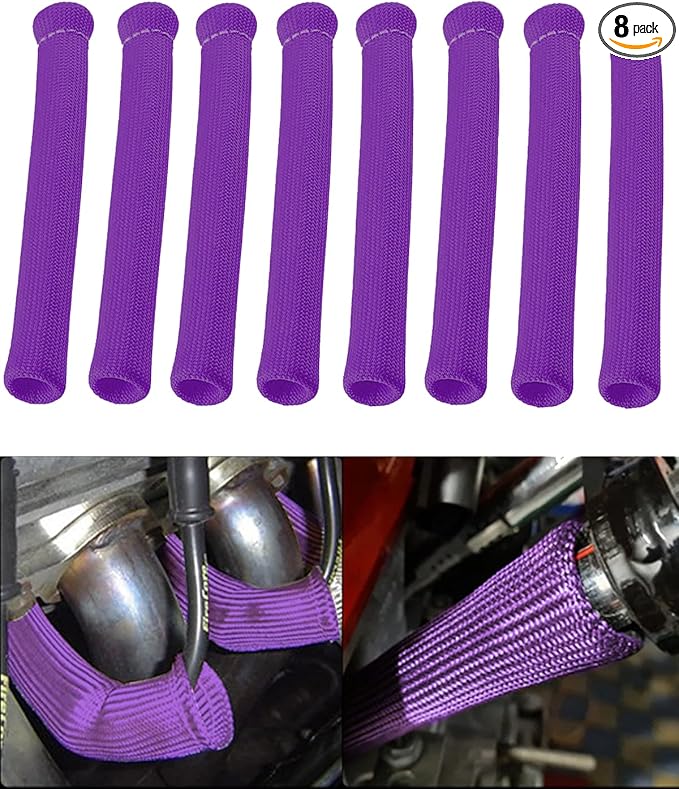 Spark Plug Wire Cover Replacement - 8 PCS 2500° Spark Plug Heat Sleeve, 6 Inches Spark Plug Wire Heat Shield Boots Protector Protection for LS1 / LS2 SBC BBC 350 454 Car Truck, Purple
