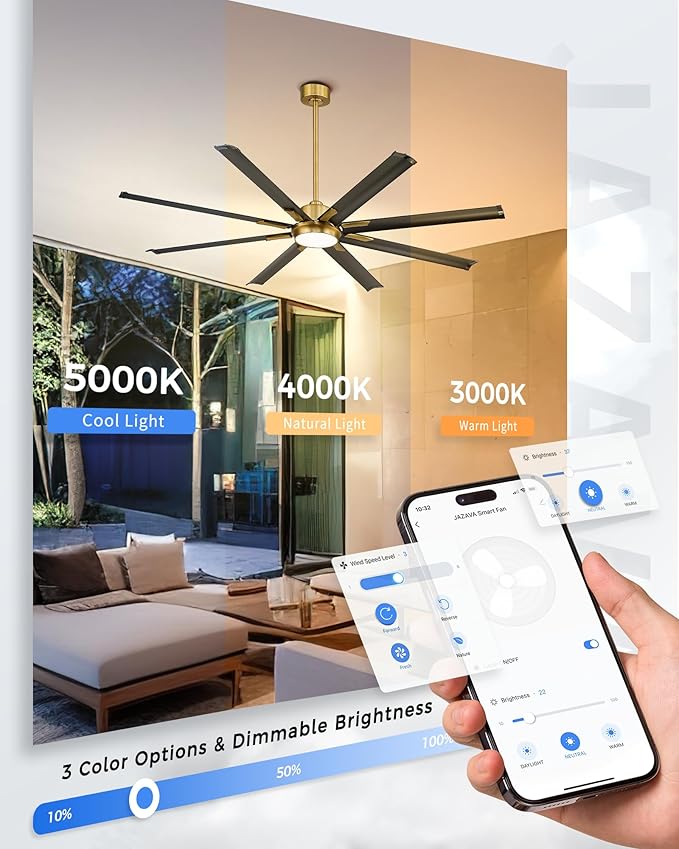 Industrial Ceiling Fan With Light,72 Inch Black & Gold Ceiling Fan With 8 Aluminium Metal Blades,Works with Voice Control,Ideal for Garage and Outdoor Spaces,CF04BGB-72