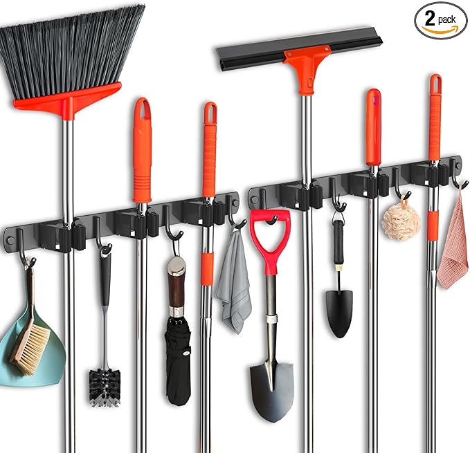 2 Pack Mop and Broom Holder Wall Mount, Upgraded Broom Hanger Wall Mount, Stainless Steel Broom Organizer for Closet Garage Laundry Room Kitchen Wall Decor Black 3R4H