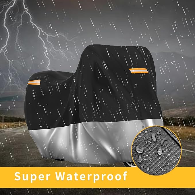 210D Motorcycle Cover All Season Waterproof Breathable Sun Outdoor Protection Three Reflective Tape with Lock-Holes & Storage Bag Bike Scooter Cover Universal (Silver and Black, 96.6''*41''*50'')