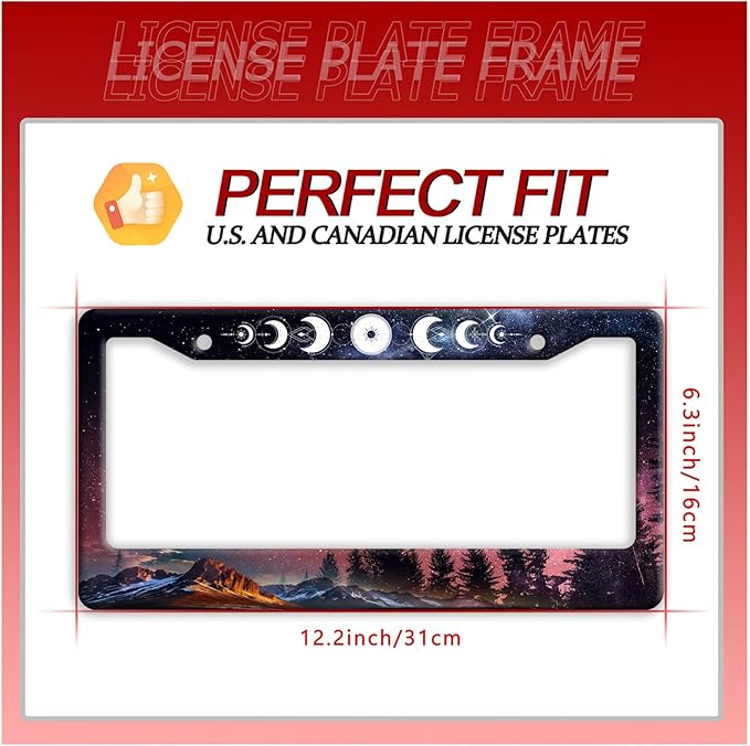 Moon Phases License Plate Frame Starry Sky Forest Moon License Plate Frames Funny Auto Accessories Bracket Stainless Steel License Plate 6.3x12.3 Inch for Women Men