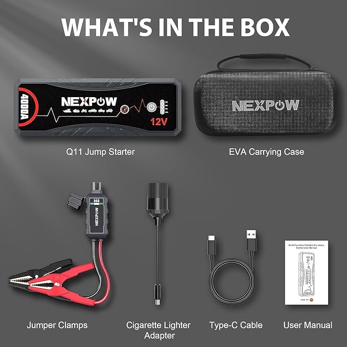 NEXPOW Car Jump Starter 4000A Car Battery Jump Starter Portable Pack for Up to All Gas and 10.0L Diesel Engine 12V Jump Box, Jump Pack, Battery Booster, Portable Jumper Cables with LED Light/USB QC3.0