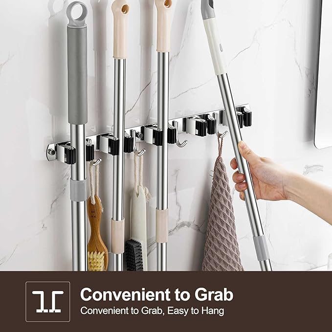 2 Pack Broom Holder Wall Mount, Stainless Steel Broom Hanger Wall Mount, Heavy Duty Mop and Broom Holder Tool Racks Utility Hooks for Laundry Room Garden Garage, Black (5 Racks and 4 Hooks)