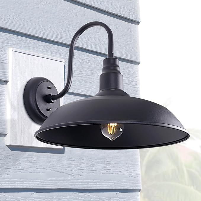 16 Inch Dome Barn Light for Porch, Large Gooseneck Outdoor Light Fixture for Farmhouse, Barn Style Exterior Patio Wall Lights for Garage, Black Outside Wall Sconce for Front Door, House