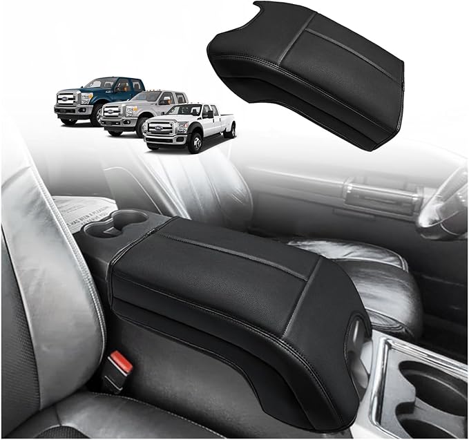 Muslogy Center Console Armrest Cover Compatible with Ford F250 F350 F450 2011-2016 Super Duty Comfort Armrest Pad Arm Rest Cushion Vegan Leather Protector Regular Thick(Bucket Seat ONLY)