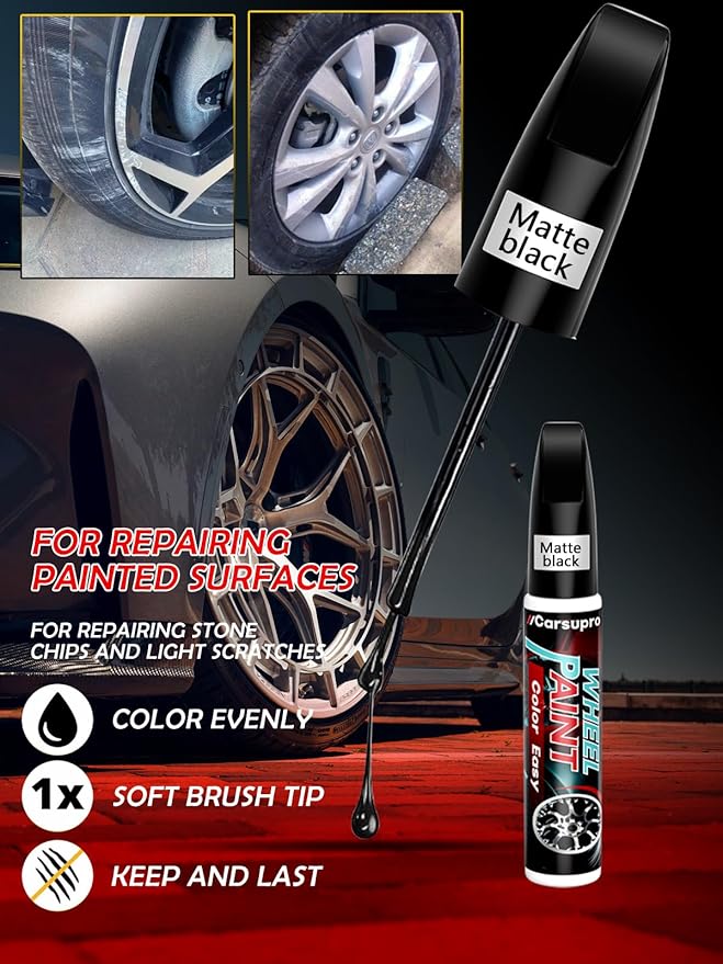 Gloss Black Wheel Repair Kit | Touch Up Paint Pen for Rim Scratches & Curb Rash | Quick-Dry, 2X Adhesion on Alloy/Chrome Wheels