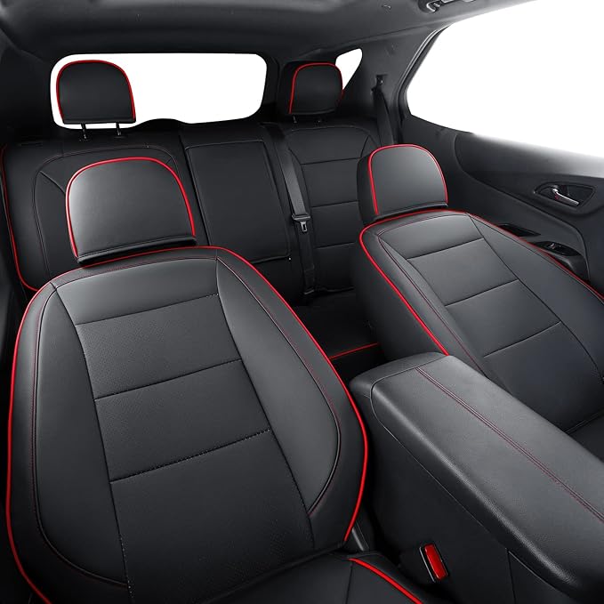 RISINGSTAR Terrain Seat Covers, fit for 2018-2024 GMC Terrain SUV with Rear Split Seats, Water Proof Faux Leather(Full Set, Black&Red)