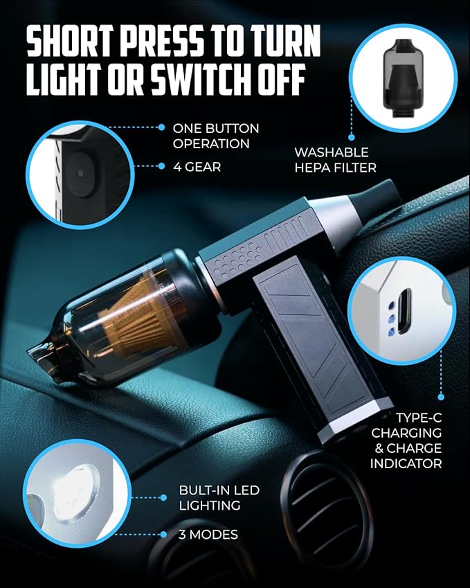 Portable Car Vacuum Cleaner “CrossClean 2-in-1 Vacuum & Air Blower | 120W High-Power | 8 Attachments | 12V Rated Voltage | Cordless, Lightweight & Rechargeable via Type-C Cable