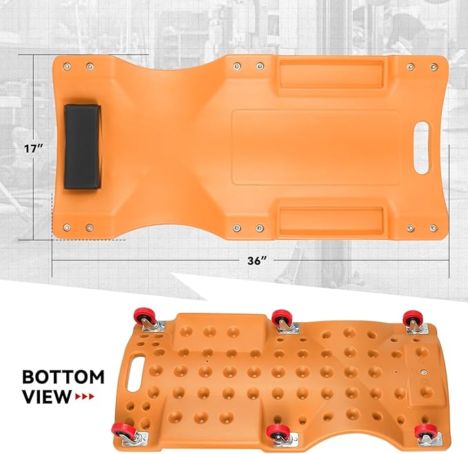 Auto Dynasty 36 Inches Mechanic Creeper, Automotive Garage Repair Low Profile Under Car Rolling Creeper with Padded Headrest, Plastic, Orange