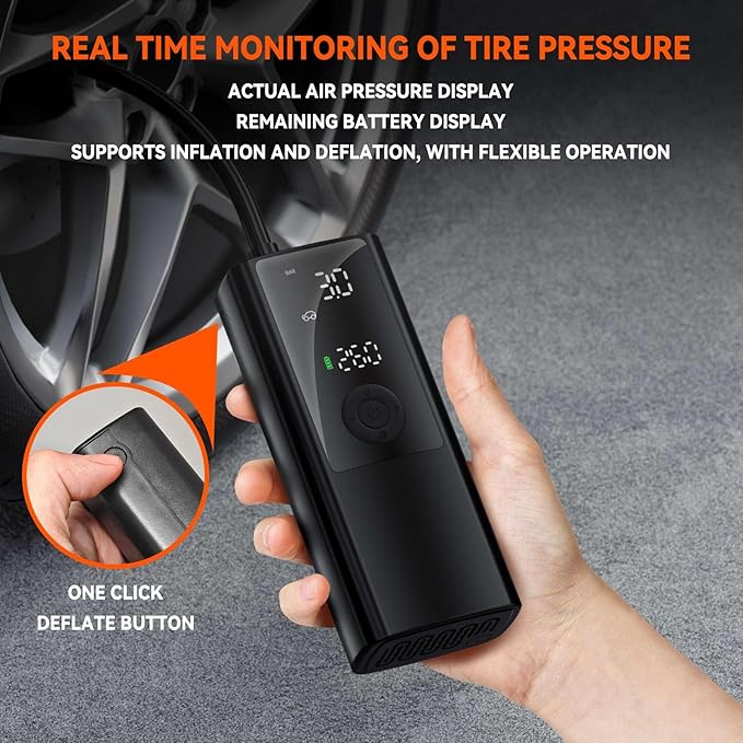 Electric Air Pump - for Bikes, Balls, Motorcycles, Cars & More - with Digital Pressure Gauge, LED Light, Auto Shut-Off - Hi-Reliable Compact Cordless Inflator