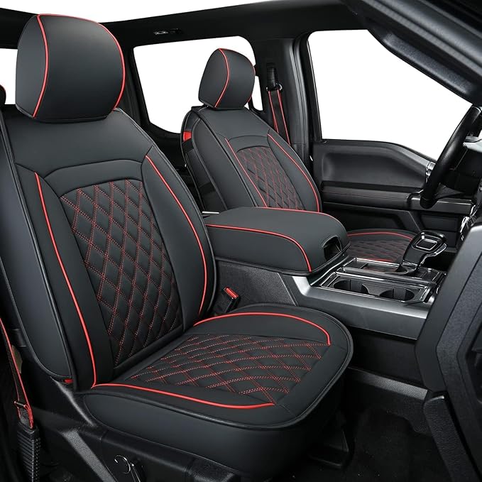 LUCKYMAN CLUB F150 Seat Covers Fit for 2010-2014 F150 SuperCrew with Waterproof Faux Leather(Full Set, Black&Red)
