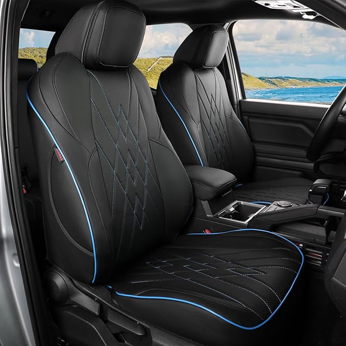 EKR Tacoma Car Seat Covers Custom for Select Toyota Tacoma (Only for Hybrid) 2024 2025 Double cab TRD Sport,TRD Off-Road,Limited,Trailhunter -Full Set,Leather (Black with Blue Trim)