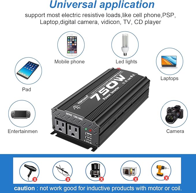12V to 110V Inverter - 750W Car Inverter with 2 AC Outlets & 2 USB Ports for Trucks & Various Vehicles