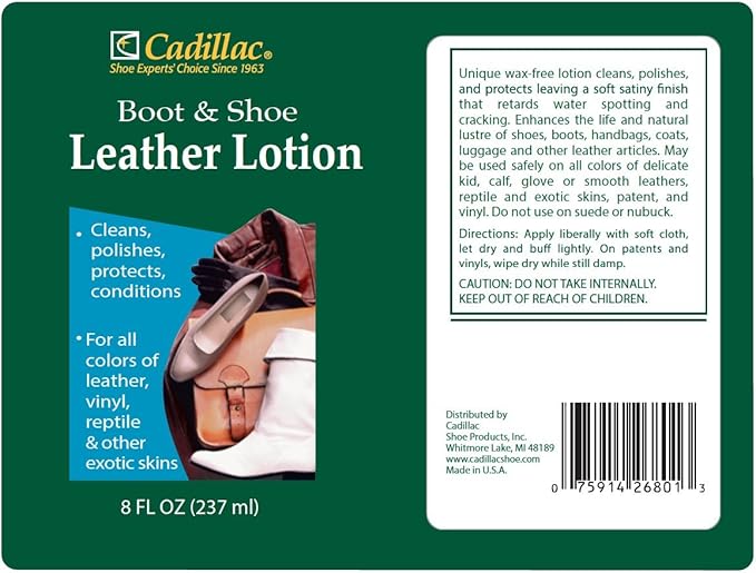 Cadillac Boot and Shoe Leather Lotion 8 Ounces - Cleans, Conditions, Protects, and Polishes Leather Footwear and Accessories