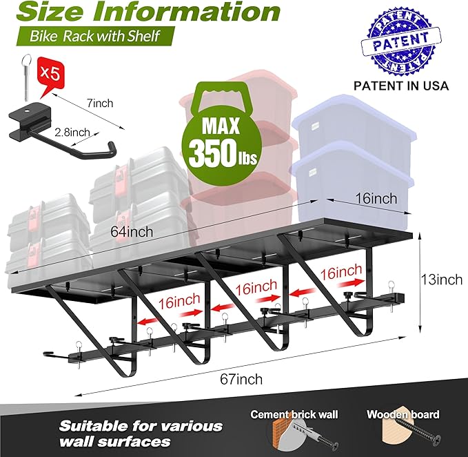 Bike Storage Rack with Shelf, Bike Wall Mount Garage Stand, Bike Hanger Storage Bicycles Hanger Hooks Bike Hooks for Garage Organizer