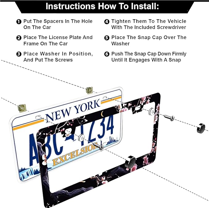 Watercolor Cherry Blossom License Plate Frames - 2 Pcs Set 2 Holes Stainless Steel Metal Auto Car Accessories Decoration License Plate Frame Cover Size 6.3" x 12.2" Fit US Vehicles for Women Men Gift