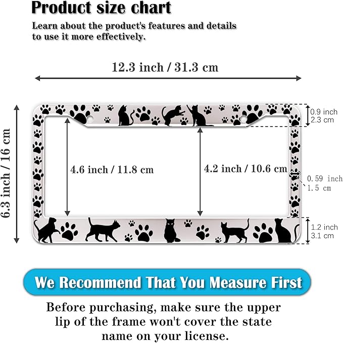 License Plate Frames Black and White License Plate Cover Kitty Cat Pawprints Aluminum Metal Car Accessory 2 Pack with Screw Covers Set