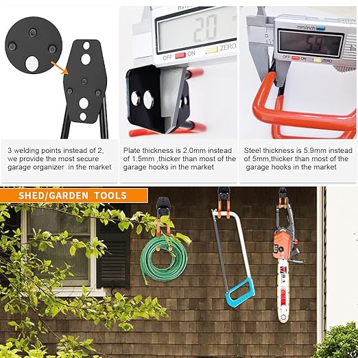 3-H Heavy Duty Garage Hooks [8 Pack] - 3-Round Welding Tech Holds 22lbs More - Thickened Steel Wall Mount for Ladders, Tools & Storage - Rustproof Utility Hardware