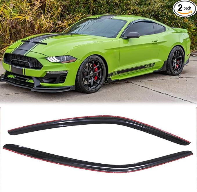 2pcs Original Shatterproof Outside Mount Style Sun Rain Guard Durable Side Window Wind Deflectors Dark Smoke Vent Window Visors Compatible with Ford 2015-2023 Mustang 92359