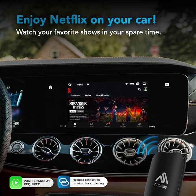 AutoSky Wireless CarPlay and Android Auto AI Box Lite for Factory Wired CarPlay Cars - Supports Netflix and YouTube Must use Hotspot - Go Wireless CarPlay and Android Auto. Wired CarPlay Required