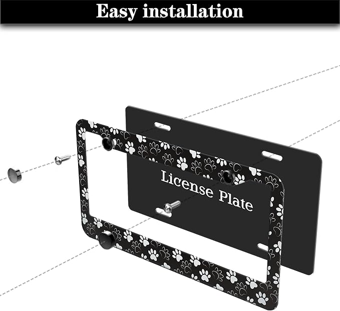 License Plate Holder Black and White License Plate Frames Black White Dog Cat Paw Print Universal Aluminum Car Accessory 2 Pack with Screw Covers Set