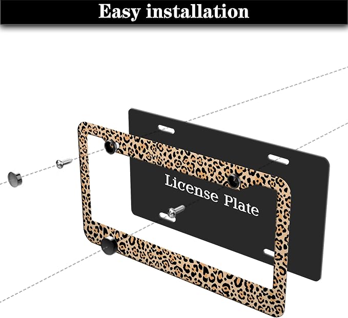 License Plate Frames Leopard Print Fun License Plate Frame Protector Cute Cheetah Texture Aluminum Metal Car Accessory 2 Pack with Screw Covers Set