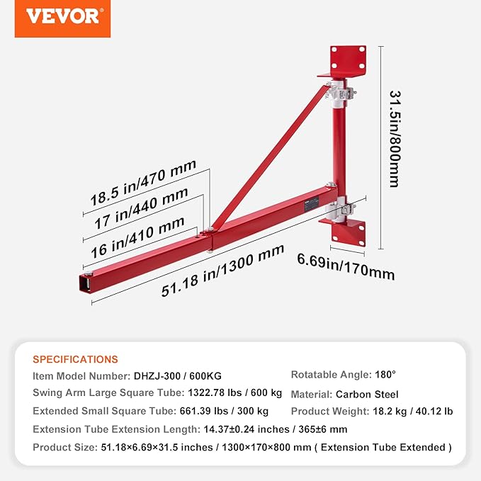 VEVOR Wall Mount Jib Crane, 1320 lbs Max Load Capacity Electric Scaffolding Lift, Electric Hoist Holder Swing Arm with Pole, Steel Hoist Frame, 180° Swivel Scaffold Lifting Arm for Electric Hoist