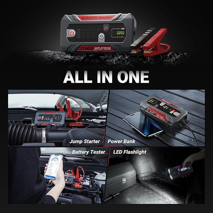 JT400 Jump Starter and Battery Tester, 2500A 12V Car Jumper Starter Portable (8.5L Gas/6.5L Diesel Engines), 100-2000 CCA Bluetooth Car Battery Tester Alternator Tester, Smart Digital Screen