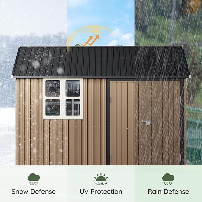 8x10 FT Outdoor Metal Storage Shed, Single Door, 1 Clear Window, Tool Shed for Garden, Patio, Backyard Brown