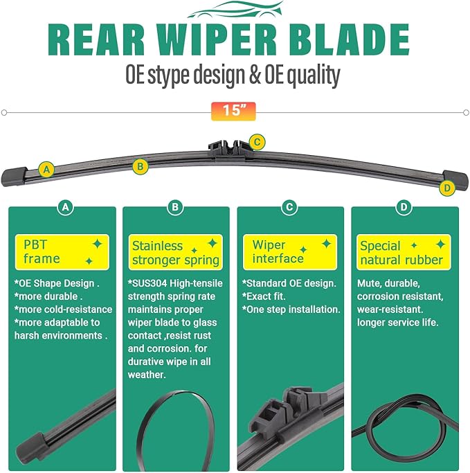 24" 20" 15" Windshield Wiper Blades Replacement for Volvo XC90 2016 2017 2018 2019 2020 2021 2022 Premium All Weather Front Rear Wipers Set - OEM Quality (Pack of 3)