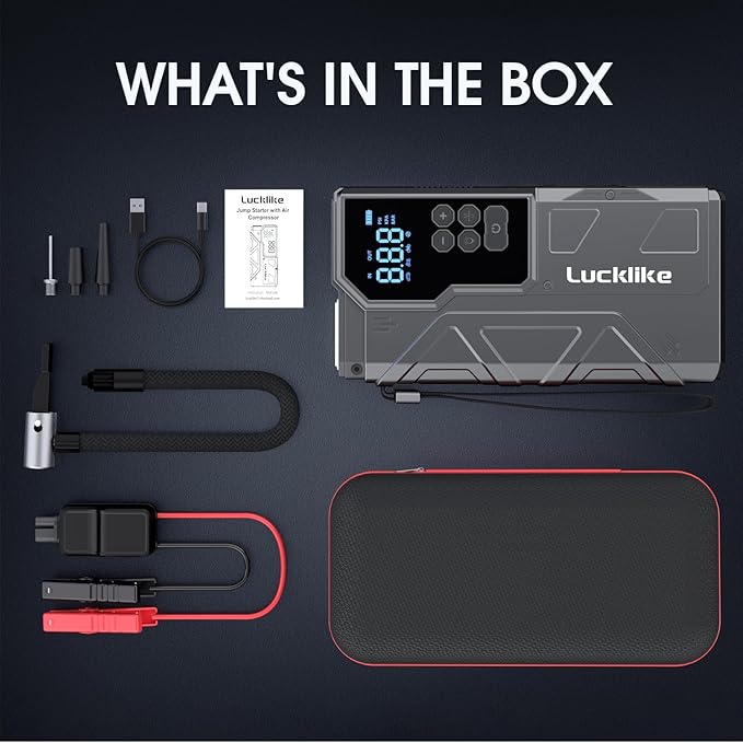 【New】 Lucklike Jump Starter with Air Compressor, 4000A Portable Car Battery Jumper Starter Pack for 10L Gas and 8L Diesel, Tire Inflator with Presssure Detection, 12V Jump Box with 3 Modes Flashlight