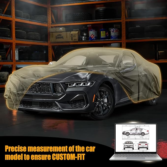 Waterproof Car Covers Replace for 1994-2025 Ford Mustang, Multilayer Heavy Duty with Cotton Liner All Weather Custom-fit Car Cover with Zipper Door, Windproof Bands for Snow Rain Dust Protection