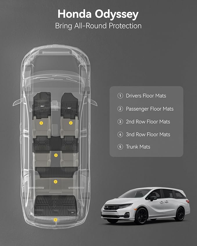 3W Floor Mats & Cargo Liner Fit for Honda Odyssey 2025-2018 Mini Passenger Van, All Weather TPE Floor Liners 1st 2nd & 3rd Rows Car Mats and Trunk Liner Odyssey Car Accessories, Black