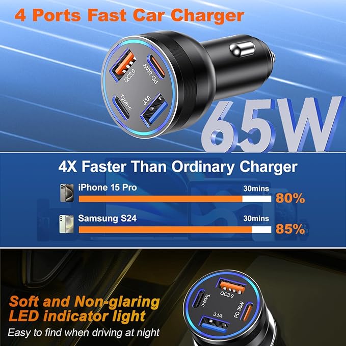 Car Charger USB C, 2Pack 4-Port 65W Cigarette Lighter USB Charger Fast Charging,Dual USB-C & USB-A Car Phone Charger Adapter Accessories for iPhone 16e 16 15 14 13 Pro Max,iPad,Samsung,Tablet,Android