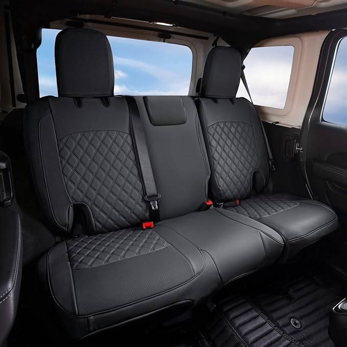 GIANT PANDA Customized Rear Car Seat Covers for Jeep Wrangler 4 Door JL Sahara Sport Rubicon Unlimited Willys 2018 2019 2020 2021 2022 2023 2024 2025 Without Rear Cup Holder,Faux Leather,(Black)