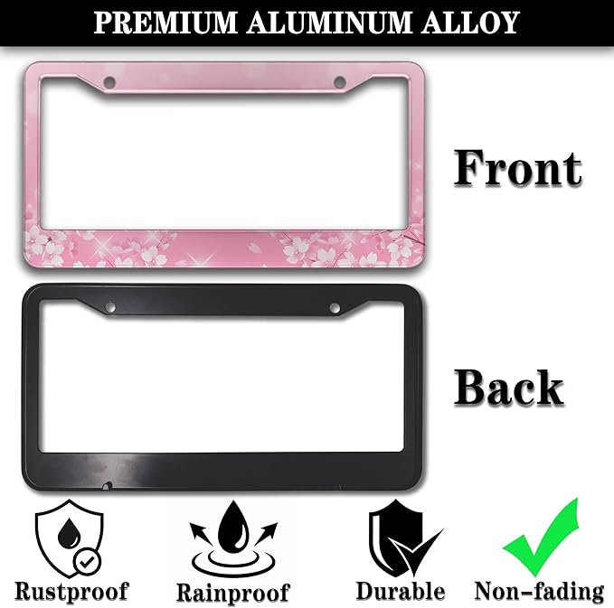 License Plate Frames for Girl Pink License Plate Cover for Women for Men Pink Floral Women Aluminum Metal Car Accessory 2 Pack with Screw Covers Set