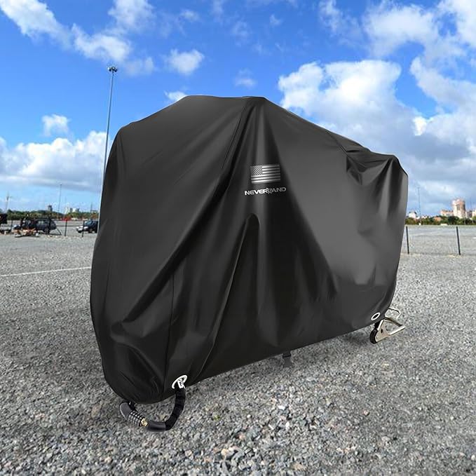 NEVERLAND Motorcycle Cover Waterproof Outdoor - Black Heavy Duty Scooter Cover, Motorbike Cover with Refletive Logo, Lock-Hole, Bandage, Storage Bag-Protect Against Dust, Debris, Rain and Weather(L)
